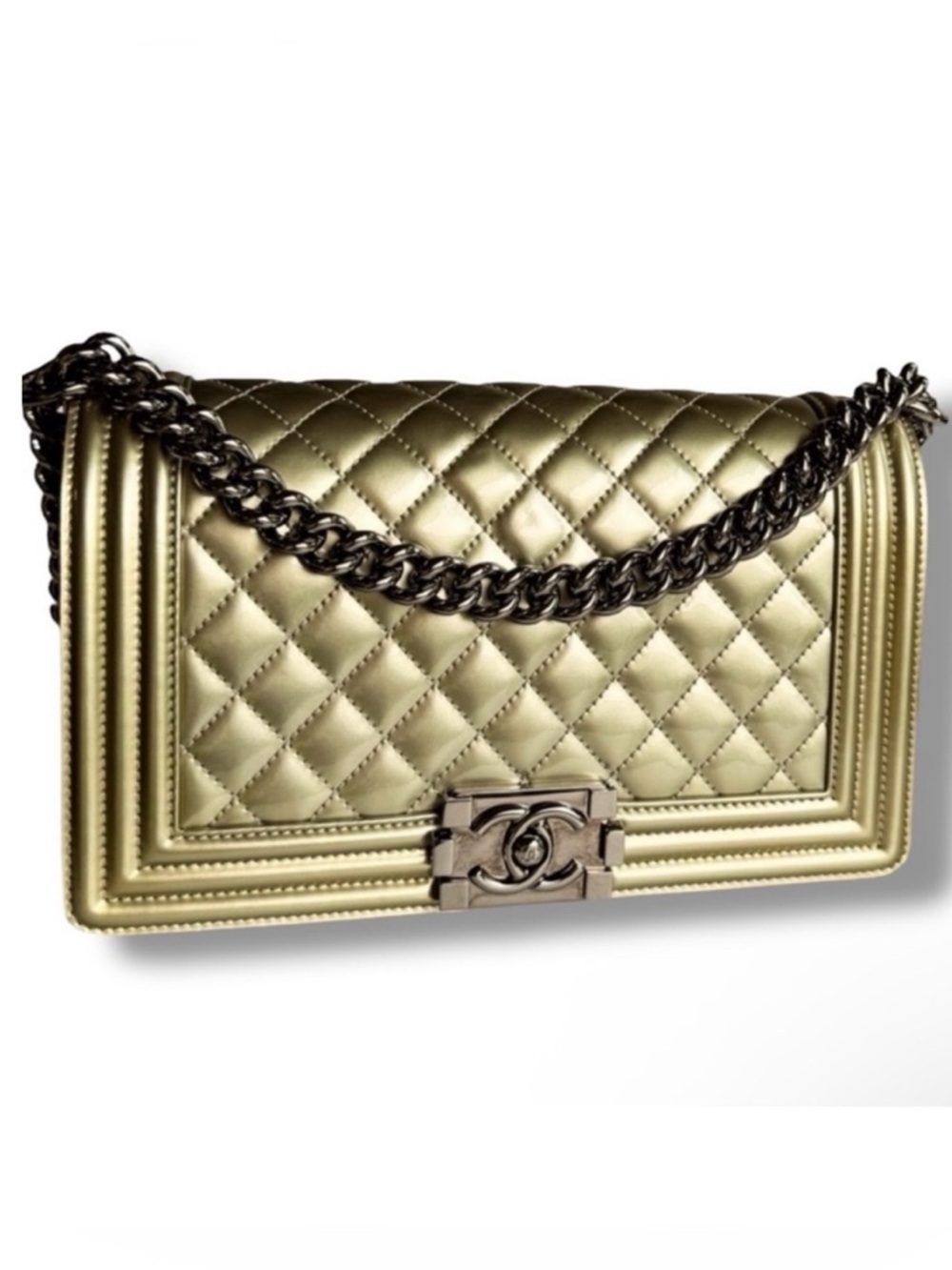 Chanel Old Medium Boy Flap Metallic Gold Patent Gunmetal HW Series 19 2014